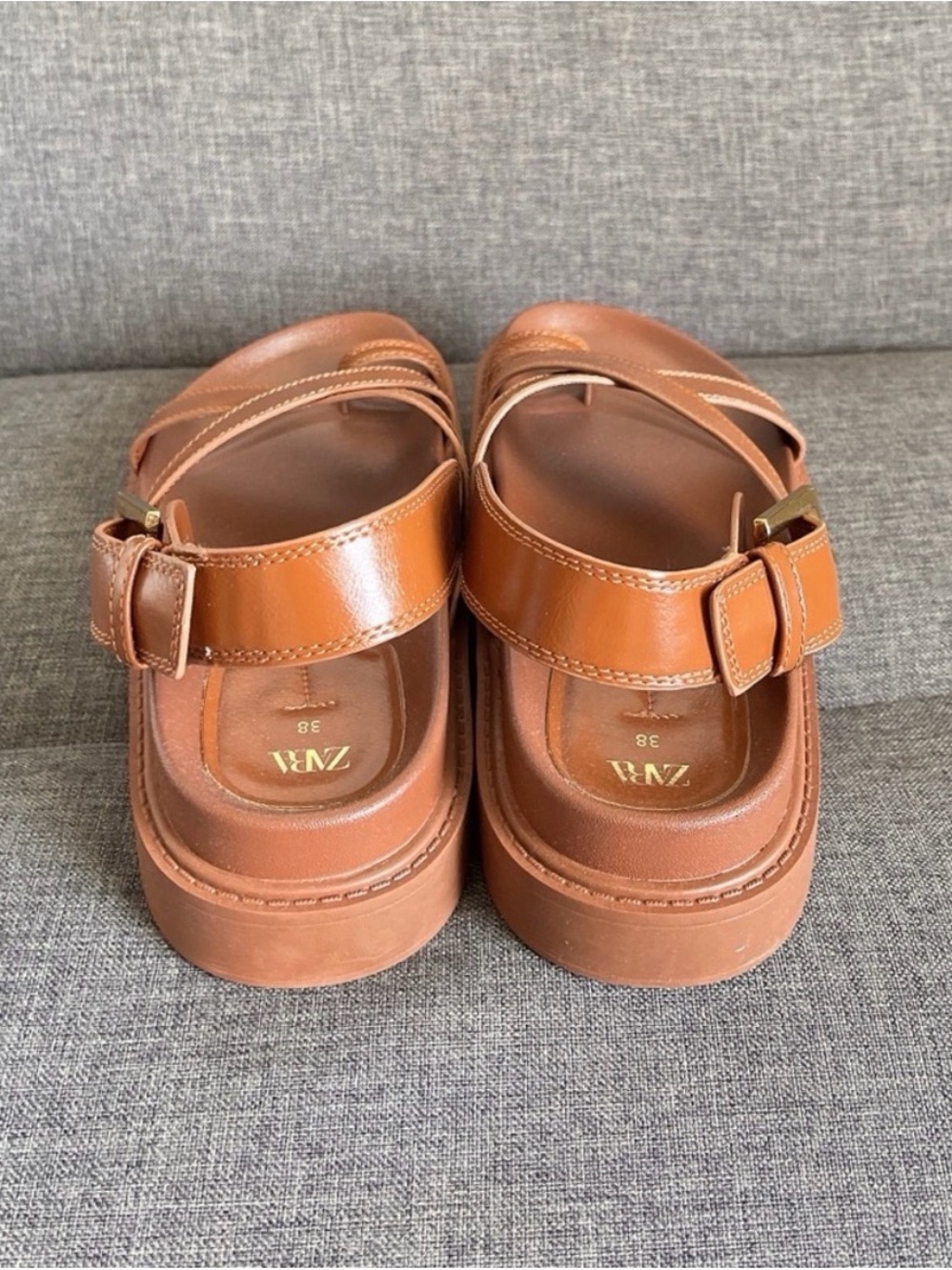 Zara Tan Leather Crisscross Sandals with Gold Buckles - Picture 3 of 4